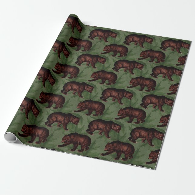 Vintage Brown Bears on Green Wrapping Paper (Unrolled)