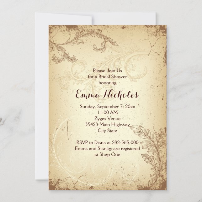 Vintage brown beige scroll leaf bridal shower invitation (Front)
