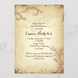 Vintage brown beige scroll leaf bridal shower invitation