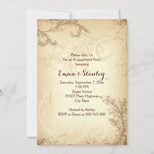 Vintage brown beige scroll leaf engagement party invitation (Front)
