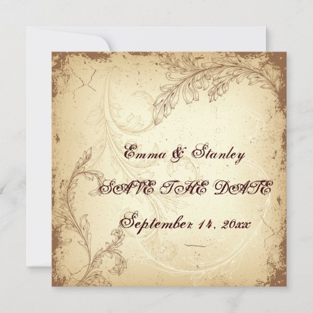 Vintage brown beige scroll leaf Save the Date (Front)