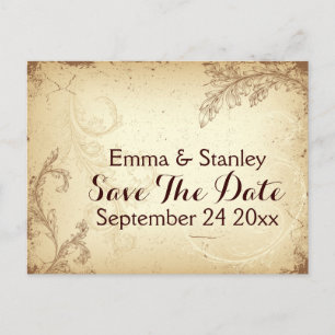 Vintage brown beige scroll leaf Save the Date Announcement Postcard