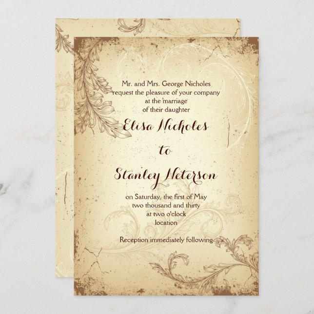 Vintage brown beige scroll leaf wedding invitation (Front/Back)