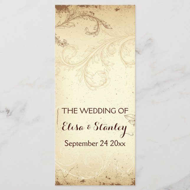 Vintage brown, beige scroll leaf wedding program programme (Front)