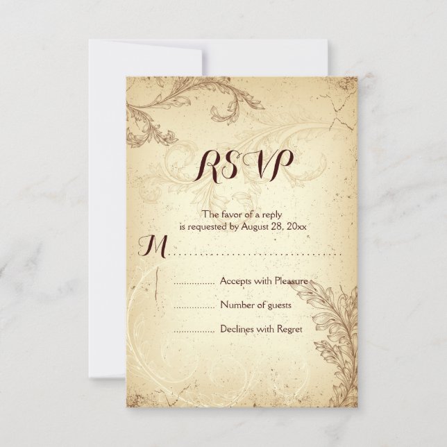 Vintage brown beige scroll leaf wedding RSVP Card (Front)