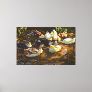 Vintage Brown Black White Ducks In The Pond Canvas Print