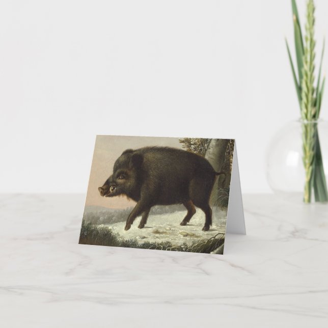 Vintage Brown Boar Hunting Painting, Wildlife Art Card (Front)