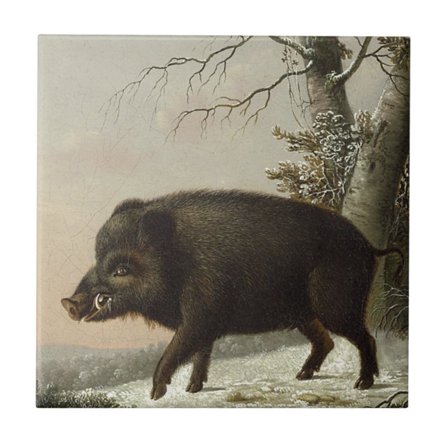 Vintage Brown Boar Hunting Painting, Wildlife Art Tile (Front)