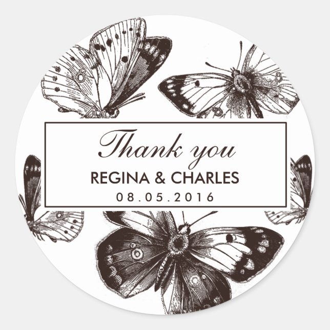 Vintage Brown Butterfly Wedding Thank You Sticker (Front)