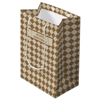 Vintage Brown Chequered Pattern Happy Birthday Medium Gift Bag