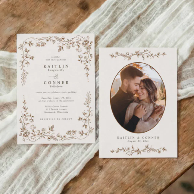 Vintage Brown & Cream French Floral Wedding Photo Invitation | Zazzle.co.nz