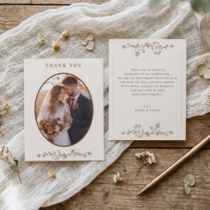 Vintage Brown & Cream French Floral Wedding Photo Thank You Card