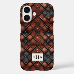 Vintage Brown Diamond Leather Monogrammed iPhone 16 Case