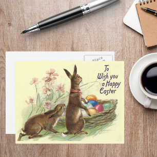 Vintage Brown Easter Rabbits Eggs in Basket, ZSSG Holiday Postcard