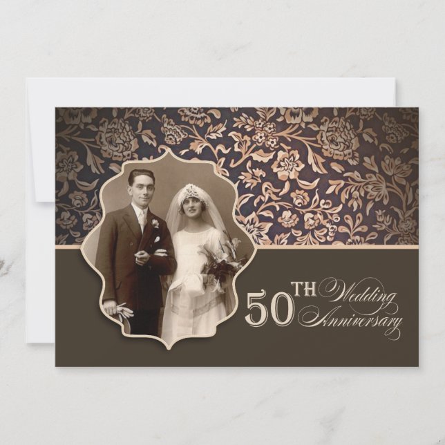 vintage brown elegant 50 anniversary photo invites (Front)