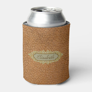 Vintage Brown Faux Leather With Golden Custom Name Can Cooler