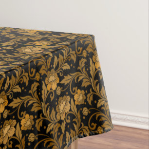 Vintage Brown Floral Leaves Damask on Black Tablecloth