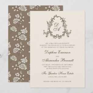 Vintage Brown Floral Monogrammed Crest Wedding Invitation