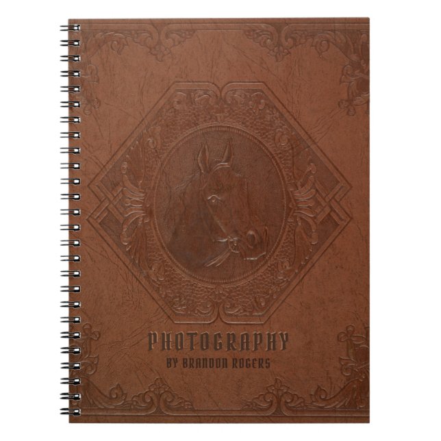 Vintage brown leather embossed horse-head notebook (Front)