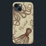 Vintage Brown Octopus with Anchors Personalised iPhone 13 Case<br><div class="desc">This beautiful antique octopus drawing* from the 19th Century has been recolored brown and placed on a pretty light brown-beige distressed / grunge background with a faint anchor pattern. The result is an original phone case design to match your nautical and beach theme fashion. The Victorian octopus has plenty of...</div>