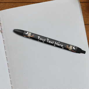 Vintage Brown Owl Necklace Crescent Moon Stars Black Ink Pen