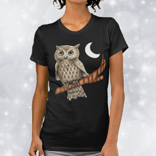 Vintage Brown Owl Necklace Crescent Moon Stars T-Shirt