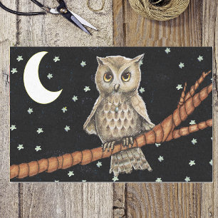 Vintage Brown Owl Necklace Crescent Moon Stars Tissue Paper