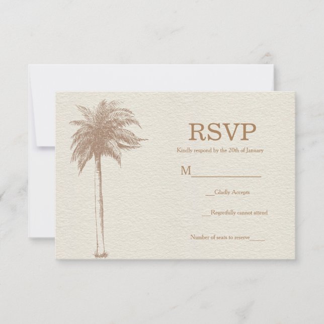 Vintage Brown Palm Tree Beach Wedding RSVP (Front)