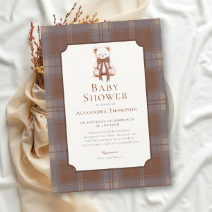 Vintage Brown Plaid Tartan Teddy Bear Baby Shower Invitation