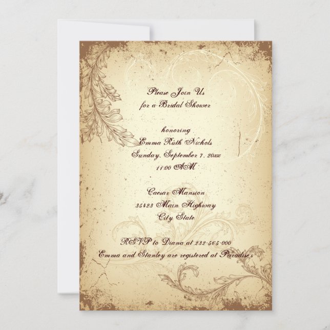 Vintage brown scroll leaf beige bridal shower invitation (Front)