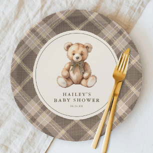 Vintage Brown Tartan Teddy Bear Baby Shower Paper Plate