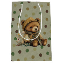 Vintage Brown Teddy Bear And Polkadots  Medium Gift Bag
