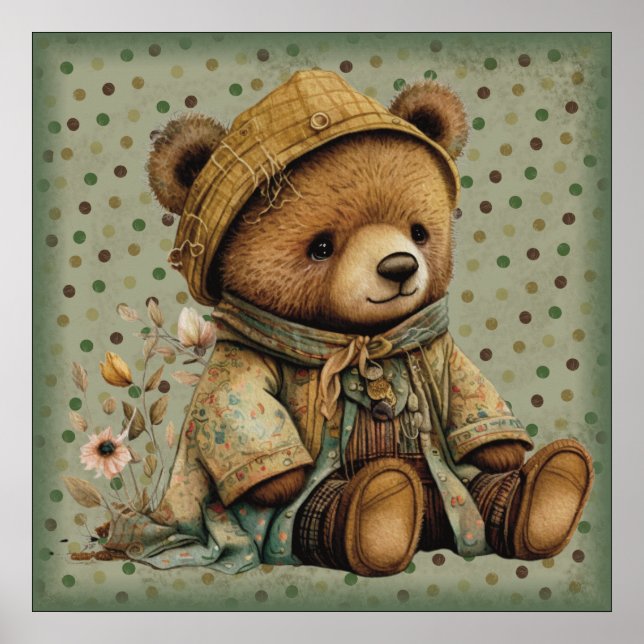 Vintage Brown Teddy Bear And Polkadots  Poster (Front)