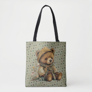 Vintage Brown Teddy Bear And Polkadots Tote Bag