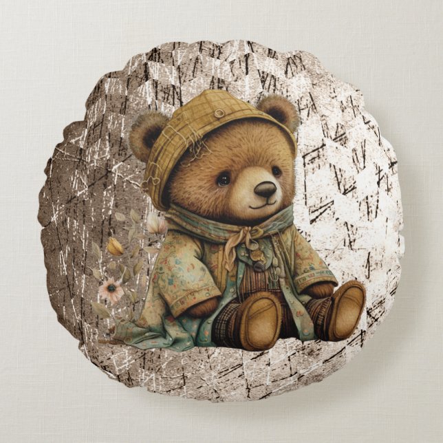 Vintage Brown Teddy Bear Round Cushion (Front)