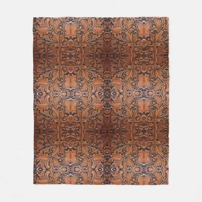 Vintage brown Tooled faux leather Fleece Blanket (Front)