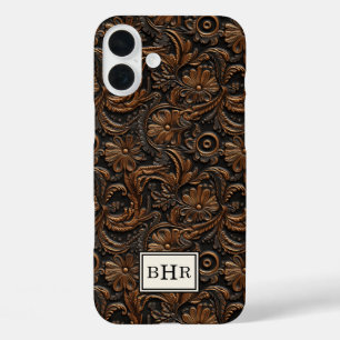 Vintage Brown Tooled Leather Monogrammed iPhone 16 Plus Case