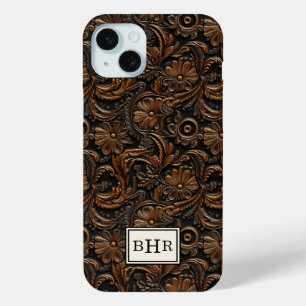 Vintage Brown Tooled Leather Monogrammed iPhone 15 Mini Case