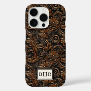 Vintage Brown Tooled Leather Monogrammed iPhone 16 Pro Case
