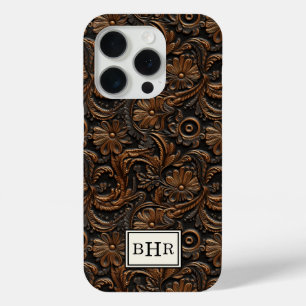 Vintage Brown Tooled Leather Monogrammed iPhone 15 Pro Case