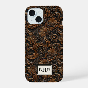 Vintage Brown Tooled Leather Monogrammed iPhone 15 Case
