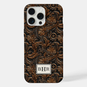 Vintage Brown Tooled Leather Monogrammed iPhone 15 Pro Max Case