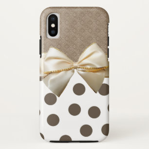 Vintage brown white floral damask polka dots bow Case-Mate iPhone case