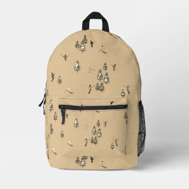Vintage Brown Winter Skiers Skiing pattern  Printed Backpack (Front)