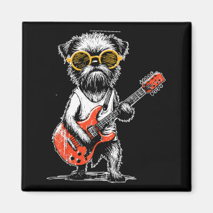 Vintage Brussels Griffon Playing Guitar Rock Music Magnet