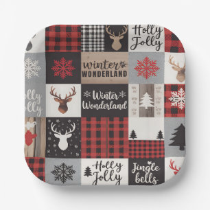 Vintage Buffalo Plaid Deer Christmas Party  Paper Plate