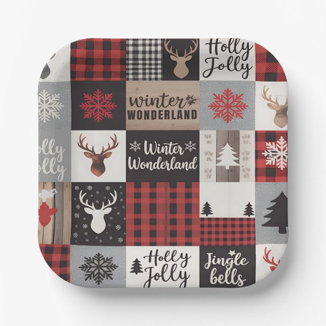Vintage Buffalo Plaid Deer Christmas Party  Paper Plate (Front)