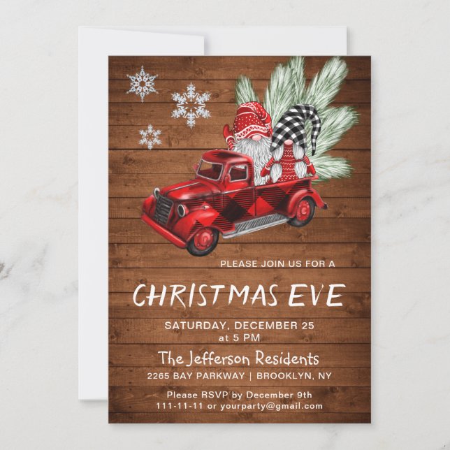 Vintage Buffalo Red Truck & Gnomes Christmas Eve Invitation (Front)