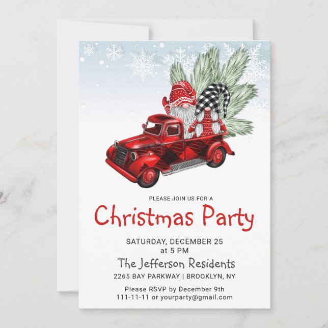Vintage Buffalo Red Truck & Gnomes Christmas Party Invitation (Front)