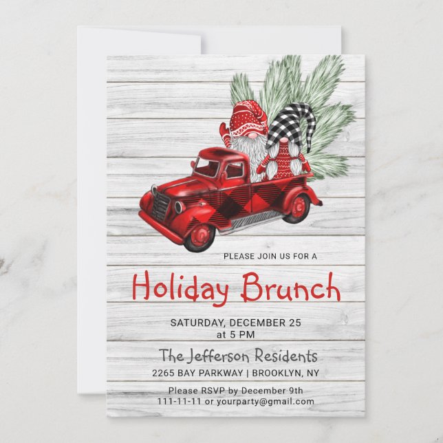 Vintage Buffalo Red Truck & Gnomes Holiday Brunch Invitation (Front)